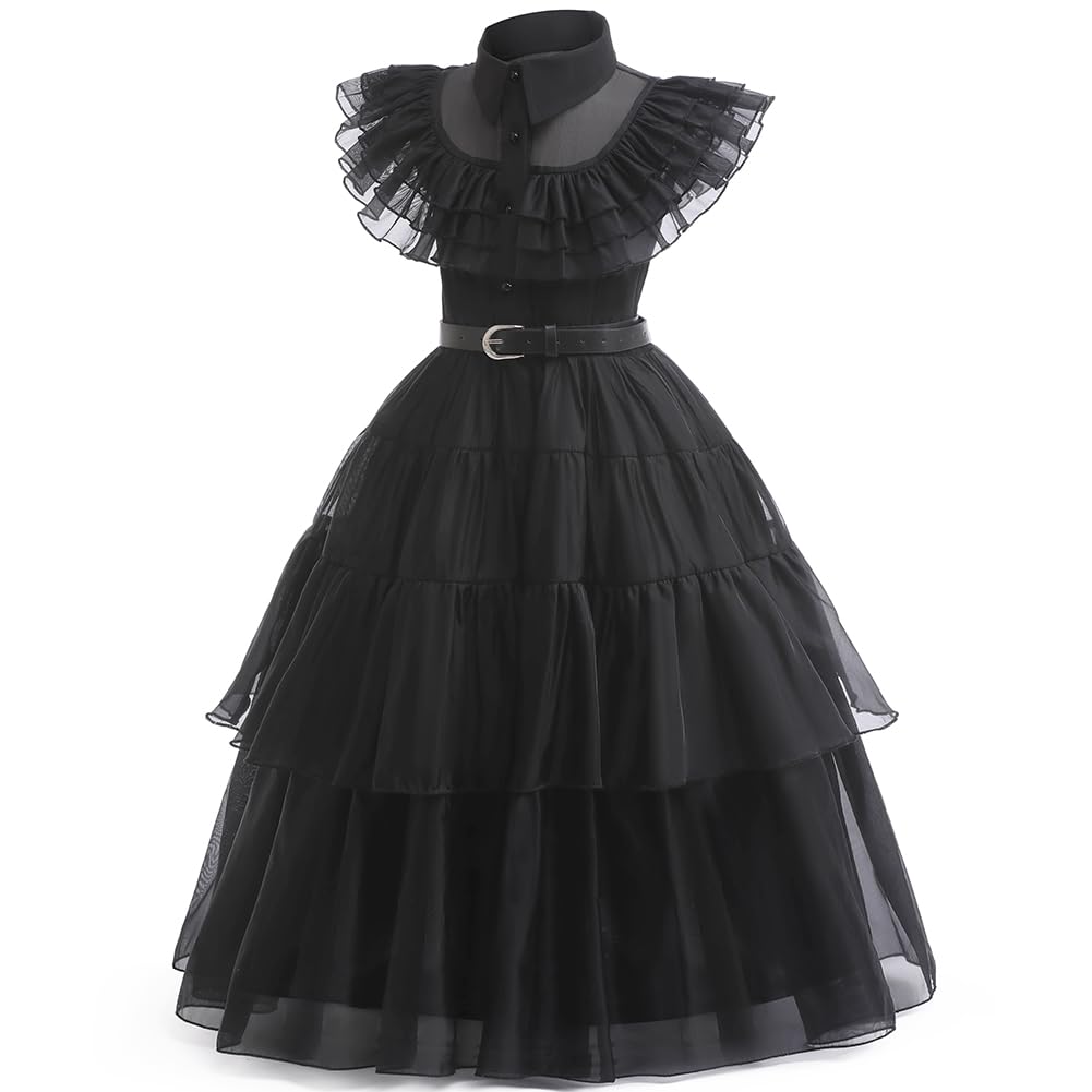 keaiyouhuo Halloween Costume Girl Dress per Bambini Abito Della Principessa Nero Cosplay Party Outfit con Cintura Parrucca Calzini 4-14Y