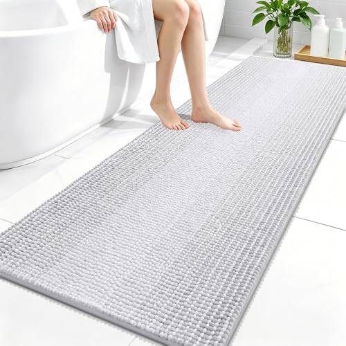 Image of OLANLY Bathroom Runner Rugs 59x24, Extra Soft Absorbent Chenille Striped Bath Rugs, Rubber Backing, Machine Wash Dry, Long Bath Mats for Bathroom, Tub, Shower, Home Decor Accessories, Light Grey