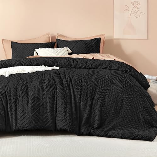 Image of Litanika Super King Plus Comforter Black, 3 Pieces Tufted Boho Farmhouse Bedding Comforter Set, Lightweight Fluffy All Season Comforter Set (120x128In Comforter & 2 Pillowcases)