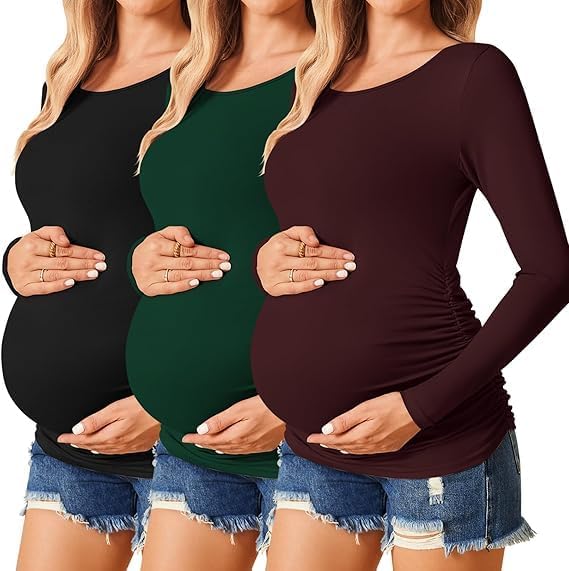 ELESOL Womens Maternity Shirts Long Sleeve 3 Packs Pregnancy Tee Top Tunic Blouse Casual Mama Clothes