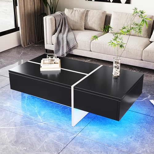 Merax Wohnzimmertisch, LED Couchtisch mit Stauraum, Hochglanz Kaffeetisch mit Schubladen, Modern Coffee Table, 100 x 50 x 34,5 cm, Schwarz
