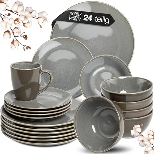 Moritz & Moritz SENSE 24-tlg. Geschirrset 6 Personen Grau - Stylisches Steinzeug Geschirr Set - Kratz-, Mikrowellen- & Spülmaschinenfest, Essgeschirr, Tafelservice, Kombiservice 6 Personen
