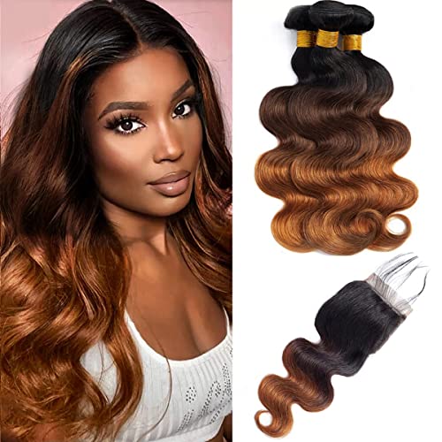 Ombre 3 Bundles with Closure 1B/4/30 bundles Body Wave Brazilian Virgin Human Hair Three-tone 1B/4/30# 3bundles with Closure(12 14 16 +10)