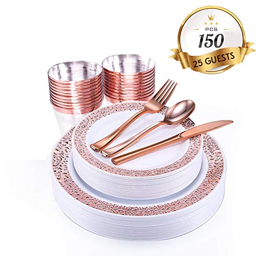 150 Piece Rose Gold Dinnerware Set with Plastic Silverware, Elegant Lace Disposable Plastic