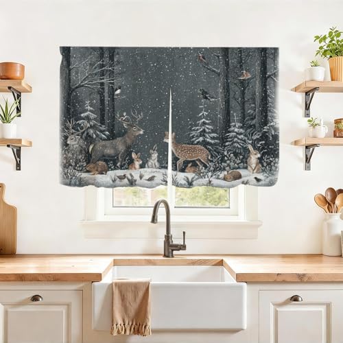 Image of Self Adhesive Forest Animals & Deer Cabinet Curtain for Mother's Day, 39x28 Inch Dark Woodland Under Sink Skirt No Drill, Spring Cleaning Kitchen Decor, Hook and Loop Laundry Valance
