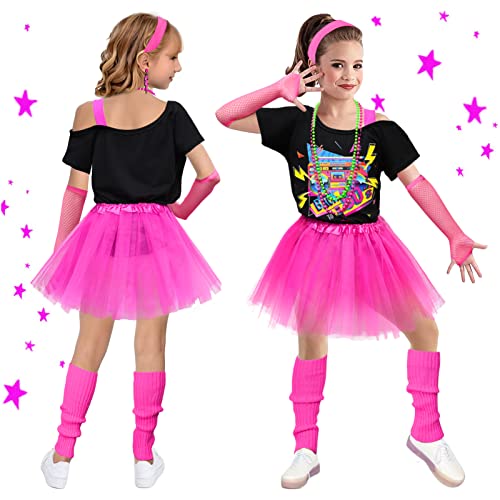 Latocos 14 Pcs 80S Costume Accessories T-Shirt Tutu Skirt Outfits Halloween Cosplay 1980S Theme Retro Party Girls #TOP2