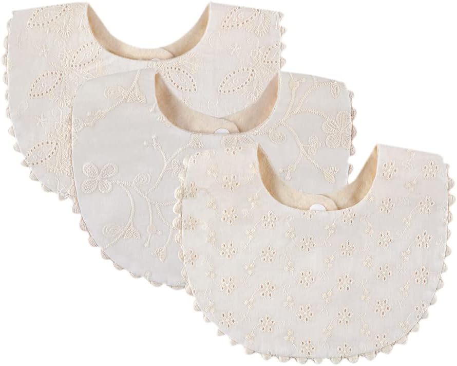 GZMM Baby Bib For Girls,Reversible Waterproof Handmade Natural Cotton Baby Drool Bib 0-12 months 2 Pack (off-white color A, 0-12 months)