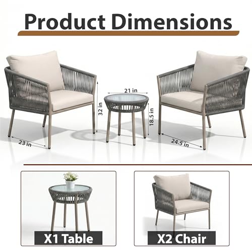 Image of OUTLIVING Braid & Rope Garden Patio Seating Chair and Table Set Outdoor Balcony Garden Coffee Table Set Furniture with 1 Table and 2 Chairs Set with Cushion (Grey and White), 61 cm, 61 cm, 81.3 cm