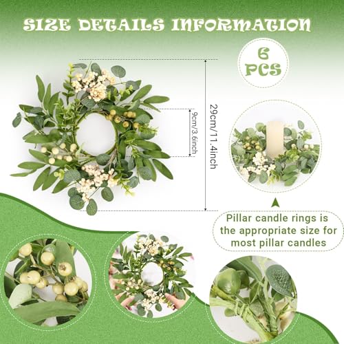 Image of 6 Pcs Green Eucalyptus Candle Rings Wreaths Spring Summer Kitchen Cabinet Wreaths Mini Green Berry Leaves Candle Wreath for Pillars Farmhouse Festival Wedding Celebrations Tabletop Decoration