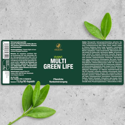 VITACTIV Multi Green Life - Green Food Multivitamin Präparat - Natur Komplex 100 Nährstoffe - Vitamin C, D, E, B Vitamine - Mineralien, Enzyme, Omega3, Vitalpilze, Probiotika, Superfood - 90 Kapseln