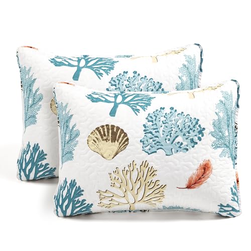 Lush Decor Coastal Reef Feather Reversible Quilt Set, 7 Piece Set, King, Blue & Coral - King Bedding Set Quilted - Coastal Decor - Beach House - Beachy Room - Image 4