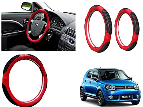 Image of Microfiber Car Steering Wheel Cover, Soft Padding Great Hand Feel, Anti-Slip, Faux Leather Steering Cover for Maruti Suzuki Ignis | Black Red Jali - Pack of 1