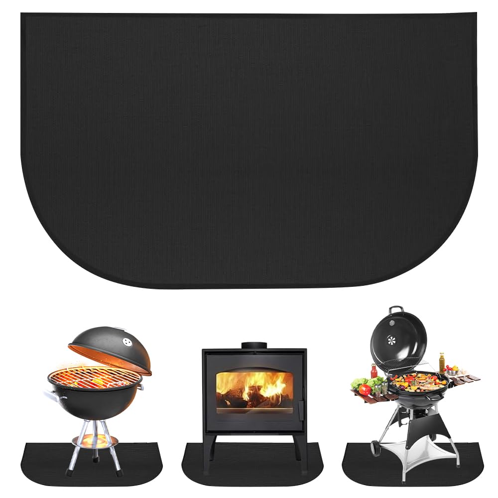 Nzkeuf Black Fireproof Fireplace Mat,102X50cm Hearth Rugs, Fireproof Rug Indoor/Outdoor, Thickened Flame-Resistant Pad, Durable Hearth Pad Protection Mat, Fiberglass Rug For Fireplace Stove Bbq