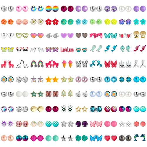 Image of NEWITIN 100 Pairs Colorful Cute Earrings for Girls Sensitive Ears Hypoallergenic Girl Stud Earrings Set Stainless Steel Cartoon Stud for Girls and Women