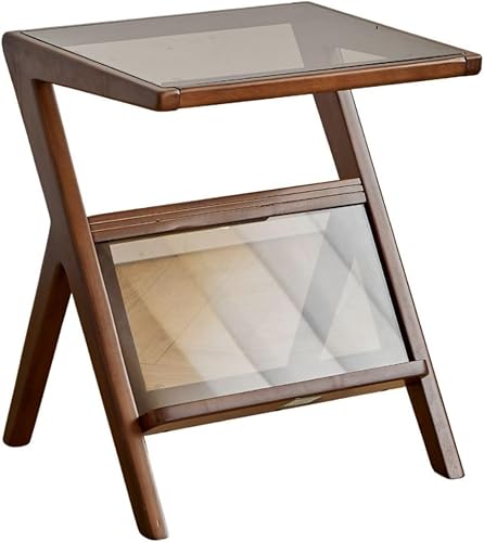 Miniatura 1 de Mesa auxiliar de madera en forma de Z con parte superior de vidrio extraíble, una adición contemporánea y versátil a tu espacio vital (nogal)