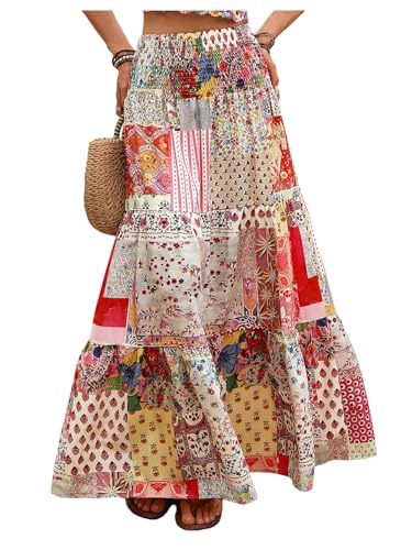 Verdusa Women's Boho Printed Ruffle Skirt Elastic High Waisted A Line Flowy Long Skirts