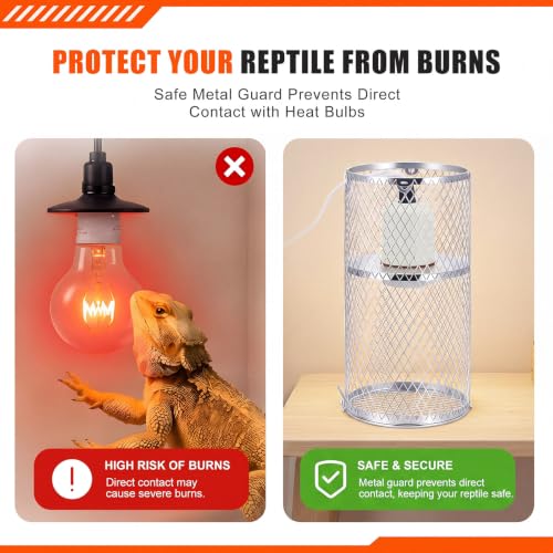 Image of VIHOSE 1 Pcs 4 Inch Reptile Heat Lamp Guard Anti Scald,White, Silver | Heating Lamp Holder, Mesh Cage, with 150w Ceramic Heat Emitter, Basking Anti Scald, Reptile Lizard Protection, Without Bulb