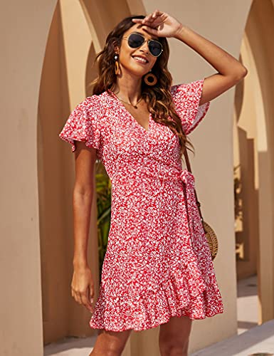 Naggoo Women's Summer Wrap V Neck Floral Print Ruffle Short Sleeve Mini Dress With Belt Red Floral X-Large #TOP3
