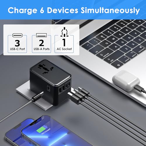 Image of JMFONE Universal Travel Adapter with Type D Plug(India & Most Africa), International Power Adapter, 30W 3X USB-C & 2X USB-A Ports & 2500W AC Outlet, Travel Charger for Europe US UK AUS 200+ Countries
