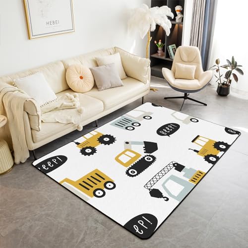 Kids Construction Living Room Rugs 3x5,Cartoon Excavator Tractor Print Area