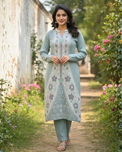 Image of KTI Full Sleeve Knee Length Floral Design Woolen Fabric 3 PC Kurti Set for Women Art NO-94164