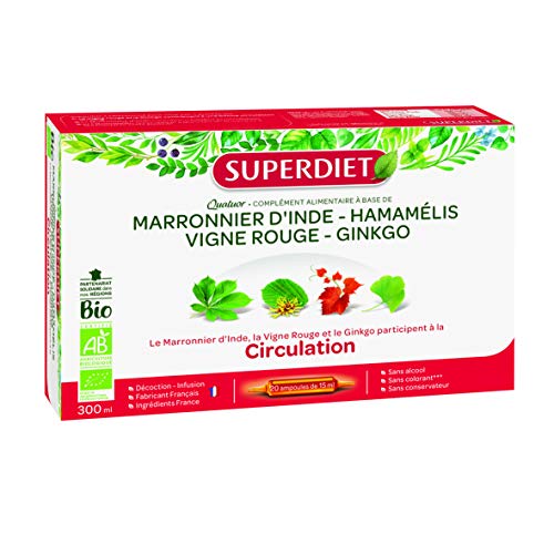 SuperDiet Quator Marronnier, Hamamélis, Vigne Rouge et Ginkgo 20 ampoules de 15ml soit 300ml