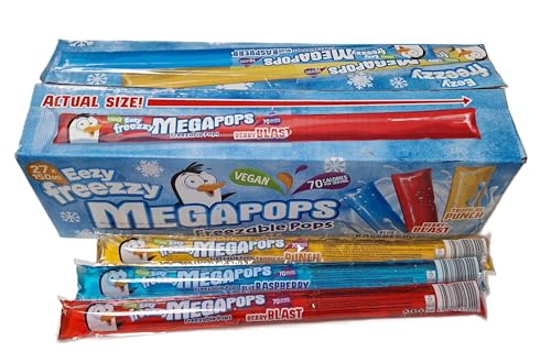 Eezy Freezy Megapops - Bastones de hielo congelables - Caja de 27 x 150 ml | Sabores surtidos: frambuesa azul, explosión de bayas y ponche tropical | Adecuado para veganos, vegetarianos y kosher