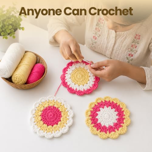 Image of picknMAKE 6 Pcs Floral Crochet Lace Bloom DIY Coaster Kit, Crochet Kit for Beginners, Crochet Yarn Full Kit, Multicolor Decorative Crochet Flower Tea Coasters Craft Kit with All Material Included