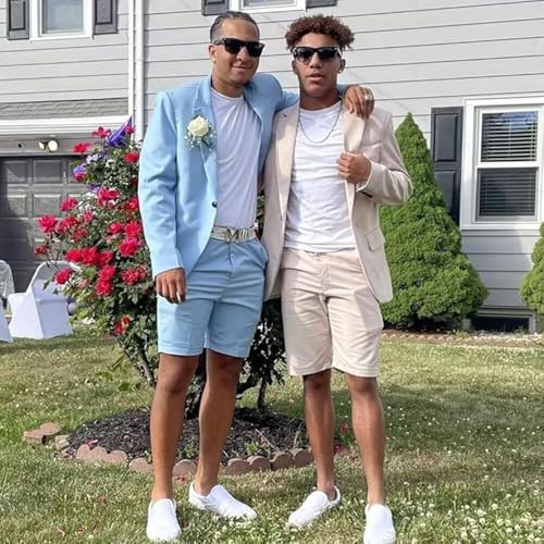 Kromoc Men's 2-Piece Linen Suit Notch Lapel One Button Jacket Short Pants Business Party Casual2