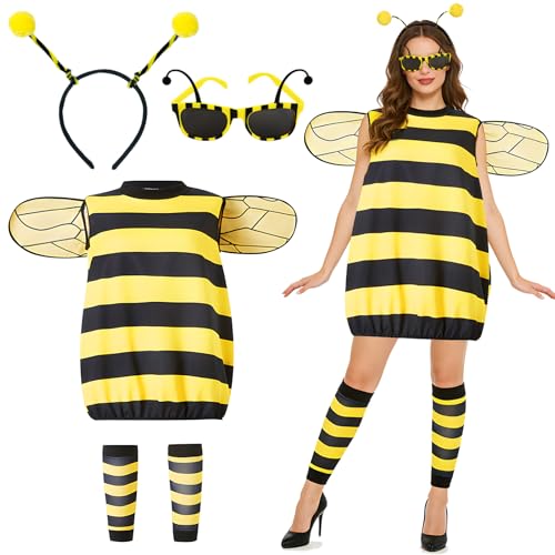Kitimi Bienen Kostüm Damen, Bienen kostüm Erwachsene, 4 Stück Frauenkostüm für Karneval Cosplay mit Haarreif, Beinsocken, Brille,BienenKostüm...