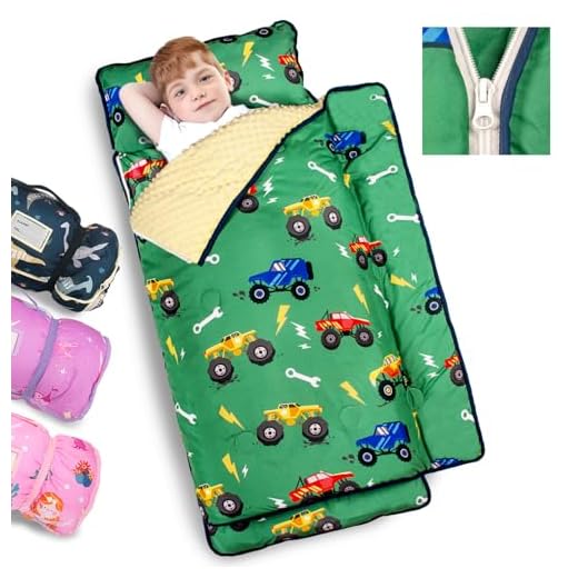 Primlect Toddler Nap Mat Extra Large Thickened 55''x35'', Soft Sleeping Bag with Detachable Minky Blanket and Pillow, Portable for Daycare, Preschool, Kindergarten, Travel, Boys and Girls (Truck)