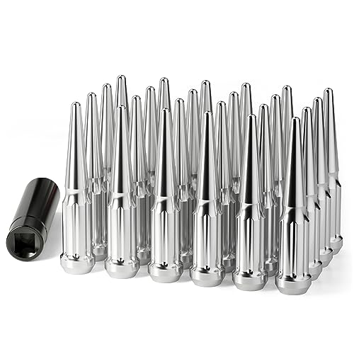 M14x1.5 Spike Lug Nuts 24 Pcs Chrome Spiked Lug Nut with Spline Key for Chevy Silverado 1500 GMC Sierra Yukon Tahoe Ford F150 14mm x1.5 Acorn Solid Metal Truck Lug Nut Wheel Accessories