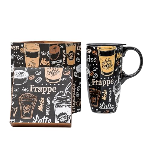 Topadorn 17 Oz Ceramic Travel Mug with Handle, Splash Resistant Lid - To Go Tumbler for Car Cup Holder, Frappe