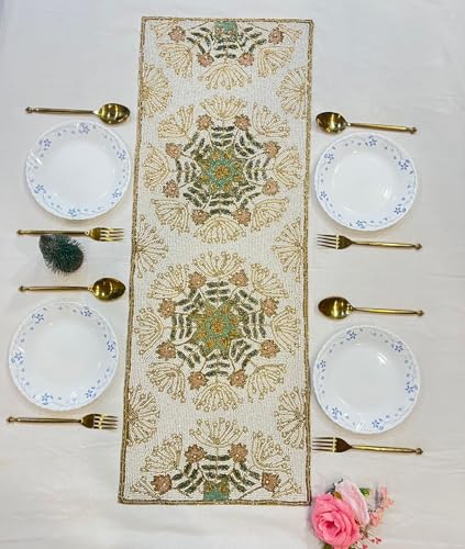 Image of Handmade Cream Gold Beaded Dining Table Runner | Elegant Console Runner for Dining Table Decor, Festive Decoration & Diwali Gifting | Luxury Bead Work Table Accent for Home & Parties