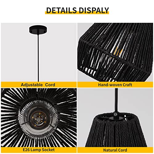 Pindodo Black Rattan Pendant Lights,7" Modern Woven Pendant Light Fixtures Farmhouse Coastal Handwoven Rattan Lamp Shade, Boho Hanging Lamp For Kitchen Island Bedroom Living Room Hallway,2 Pack #TOP4