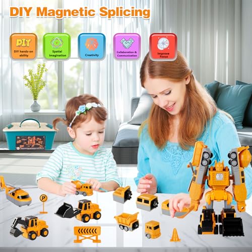 Image of Magnetic Transform Engineering Car Assembled Toys, Construction Vehicles with Storage Box, 7 in 1 Robot Toys Set, Magnetic Blocks for Kids Age 3-8 Year Old Boy Gift, Outdoor Toddler Activities Toys