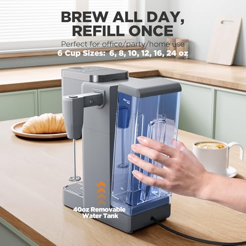 Image of Tastyle 330MF Single Serve Coffee Maker with Built-in Detachable Milk Frother, Iced and Hot Coffee Machine for K Cup & Grounds, 40oz Removable Water Reservoir, 6 Cup Sizes, Fits 7.3 inch Travel Mug, Gray