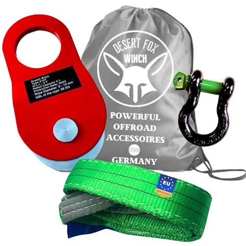 Desert Fox Winch Bergeset – Umlenkrolle 10 t | 1,5 m Bergegurt 14 t (WLL 2 t) nach EN 1492-1 | Schäkel 7/8 Zoll, 6,5 t Nutzlast | Seilwinden & Offroad Recovery Set für SUV, 4x4 & Wohnmobil
