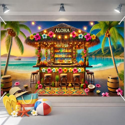 Image of BlissYard Aloha Tiki Bar Banner 71 x 43 Inch Hawaiian Luau Backdrop Tropical Beach Summer Party Decorations Hibiscus Palm Tree Photo Booth Background Indoor Outdoor Wall Decor