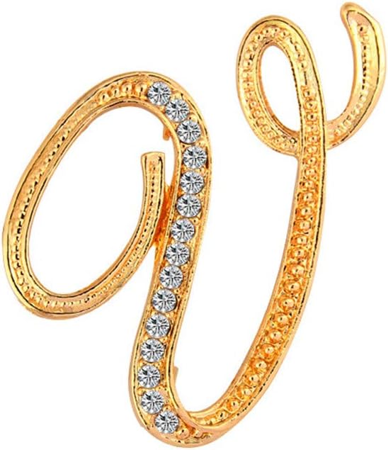 Rhinestone Golden Initial Letter Brooches Gold Color Lapel Pins Name Jewelry Women Men Suit Crystal Brooches Gift Letter V