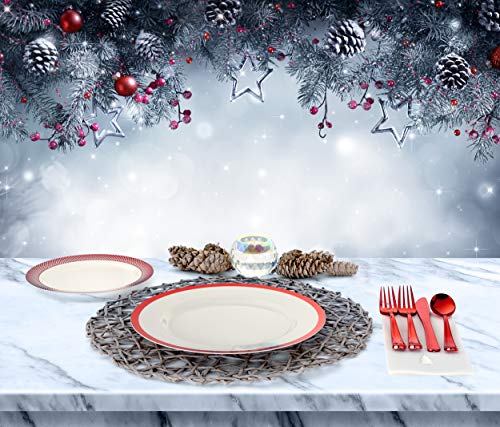 Premium Disposable Christmas Plate Set 175 Pcs | Ivory Plastic Plates with Red Trim, Plastic Silverware and Linen-Feel Christmas Dinner Napkins for 25 Guests Heavyweight - By Madee - Thumbnail 3