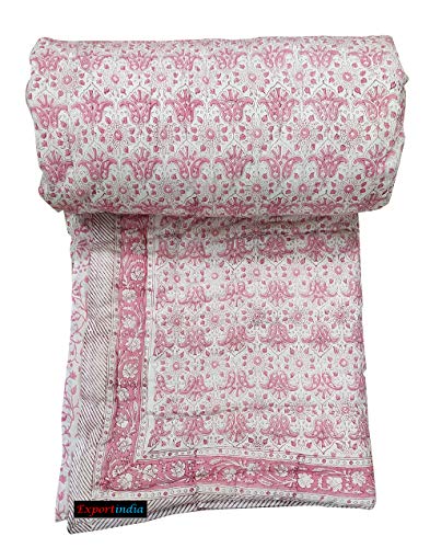 Exportindia Indian Quilt - 100%Cotton Filling - Twin Size 60x90 Inch - Pink - Traditional Paisley Pattern - Lightweight - Warm - Jaipuri Quilt