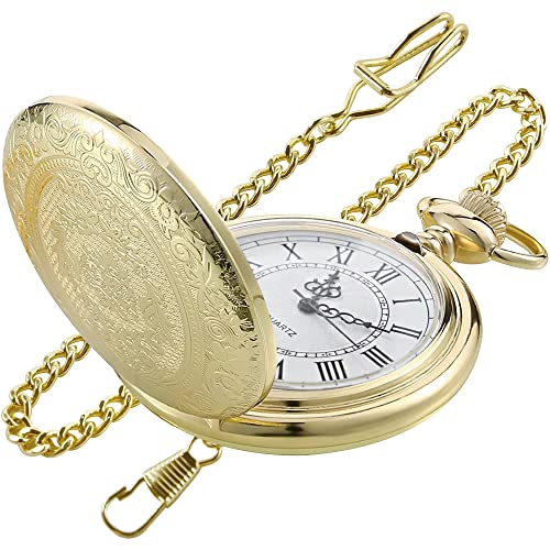 Gold Large Decorative Flower Pattern Pocket Watch White Roman Numeral Scale Quartz Pocket Watches For Men With Chain Christmas/Graduation/Birthday/Father's Day #TOP7