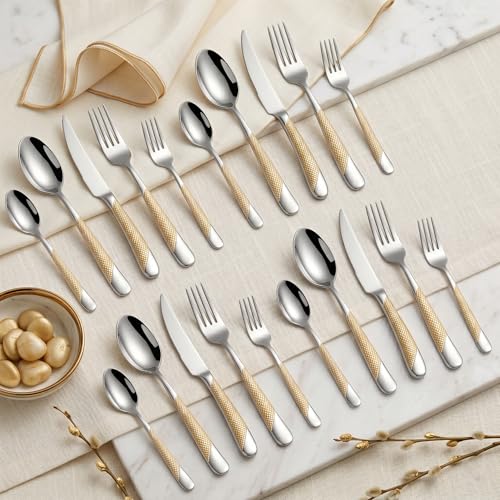 Image of Sterling Silver with Gold Handle French Style Sterling Silverware Set | 20-Piece Hammered Flatware Set | Stainless Steel Cutlery Set | Perfect for Home, Restaurant & Luxury Gifting