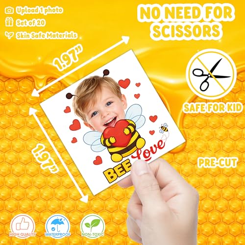 Image of Custom Bee Temporary Tattoos for Kids - Set of 20 | Personalized Pre-Cut Face Photo, Birthday Party Favors, For Boys Girls, Bee Lovers