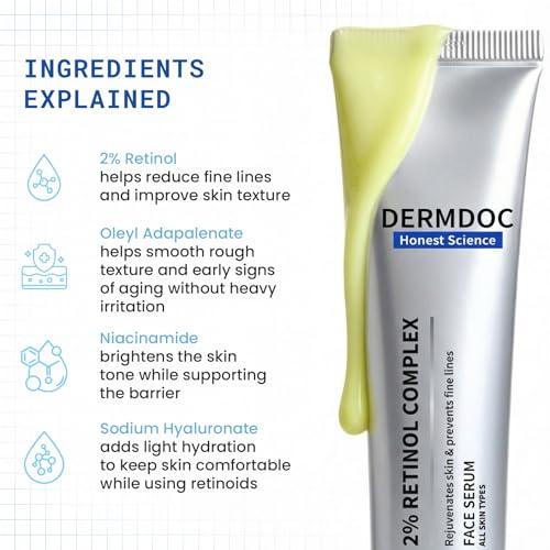 Image of DERMDOC 2% Retinol Face Serum, 12ml | Reduces Fine Lines | Improves Skin Texture & Elasticity| Brightens Skin | Hydrating | Boosts Collagen | Smoother Complexion | For All Skin Types