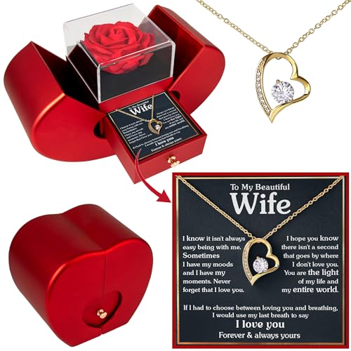 Jewelry To My Wife Forever Love Necklace With Heartfelt Message & Elegant Box Anniversary Necklace For Wife Birthday Gifts From Husband Mothers Day Gifts From Husband (Heart Rose Box Last Breath - 18K Yellow Gold Finish)