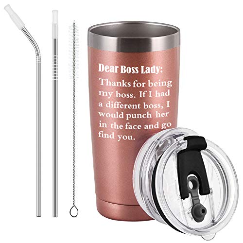 Dear Bosses Lady Thank You For Being My Boss Travel Tumbler, 20 Oz Funny Stainless Steel Tumbler with Lid, Unique Boss Travel Tumbler For Women Boss Lady Manager Director Employer, Rose Gold