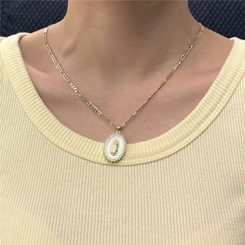 Gold Guadalupe Virgin Mary Necklace for Women Men Teens, 14K Gold Plated Oval Zircon Inlay Oil Drip Virgin Mary Pendant with Stainless Steel Figaro Chain Necklace4