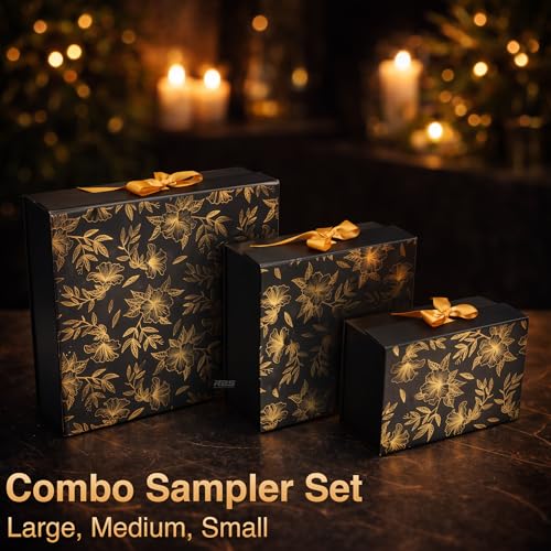 Image of RBS - Black Gift Boxes Combo Set (3 Pack) with Satin Ribbon | Small, Medium & Large Hamper Boxes for Gift Packing, Return Gifts, Saree Packaging Decorative Floral Empty Gift Box (S, M, L)